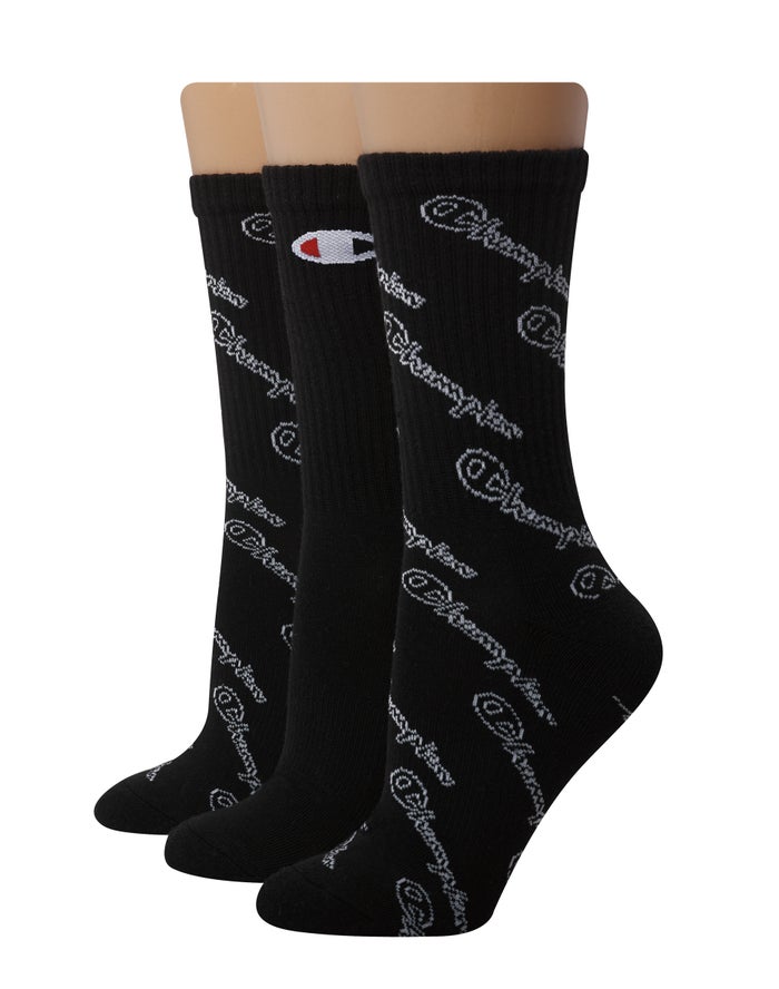 Champion Womens Socks NZ - Crew Script Logo 3-Pairs Black ( 9706-RUXDI )